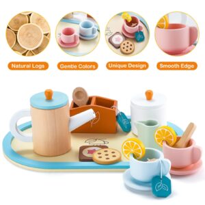 ShyLizard Wooden Tea Set for Little Girls, ,Toddlers Tea Set, Princess Tea Party Set for Girls, Toys for 3 4 5 6 Years Girls, Christmas Birthday Gifts for Girls, Kitchen Accessories Toy, 17PCS