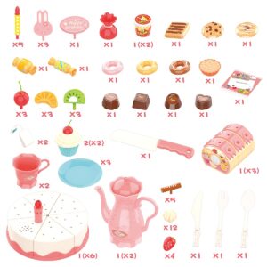 KaeKid Birthday Cake Toy Pretend Play Tea Set with Lights & Music, DIY Cutting Play Food with Bread Roll, Chocolate, Sandy & Dessert, Gift for Girls Boys 3 4 5 Years Old (82 PCS)