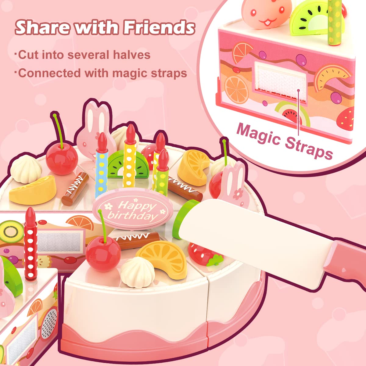 KaeKid Birthday Cake Toy Pretend Play Tea Set with Lights & Music, DIY Cutting Play Food with Bread Roll, Chocolate, Sandy & Dessert, Gift for Girls Boys 3 4 5 Years Old (82 PCS)