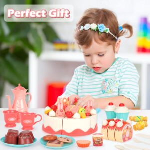 KaeKid Birthday Cake Toy Pretend Play Tea Set with Lights & Music, DIY Cutting Play Food with Bread Roll, Chocolate, Sandy & Dessert, Gift for Girls Boys 3 4 5 Years Old (82 PCS)