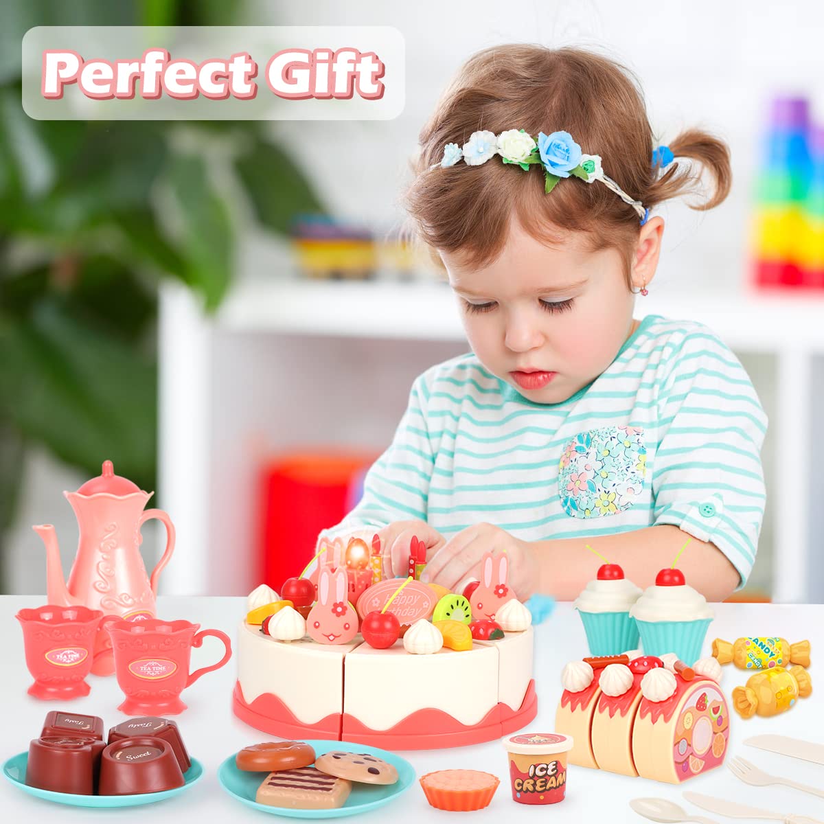 KaeKid Birthday Cake Toy Pretend Play Tea Set with Lights & Music, DIY Cutting Play Food with Bread Roll, Chocolate, Sandy & Dessert, Gift for Girls Boys 3 4 5 Years Old (82 PCS)