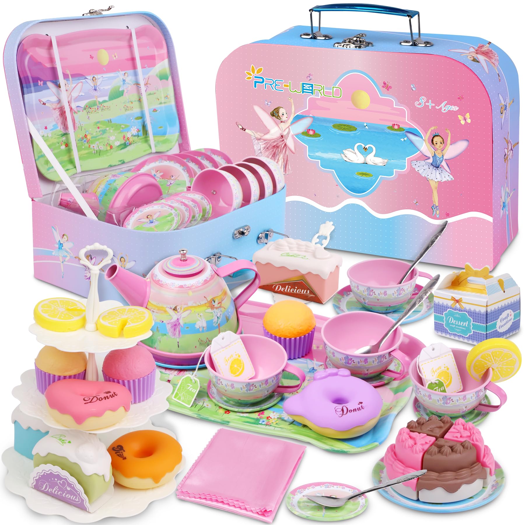 Tea Set for Little Girls,PRE-WORLD 50PCS Princess Tea Party Time Toy Including Dessert,Cookies,Doughnut,Teapot Tray Cake, Tablecloth & Carrying Case,Kids Kitchen Pretend Play for Girls Boys Age 3-6