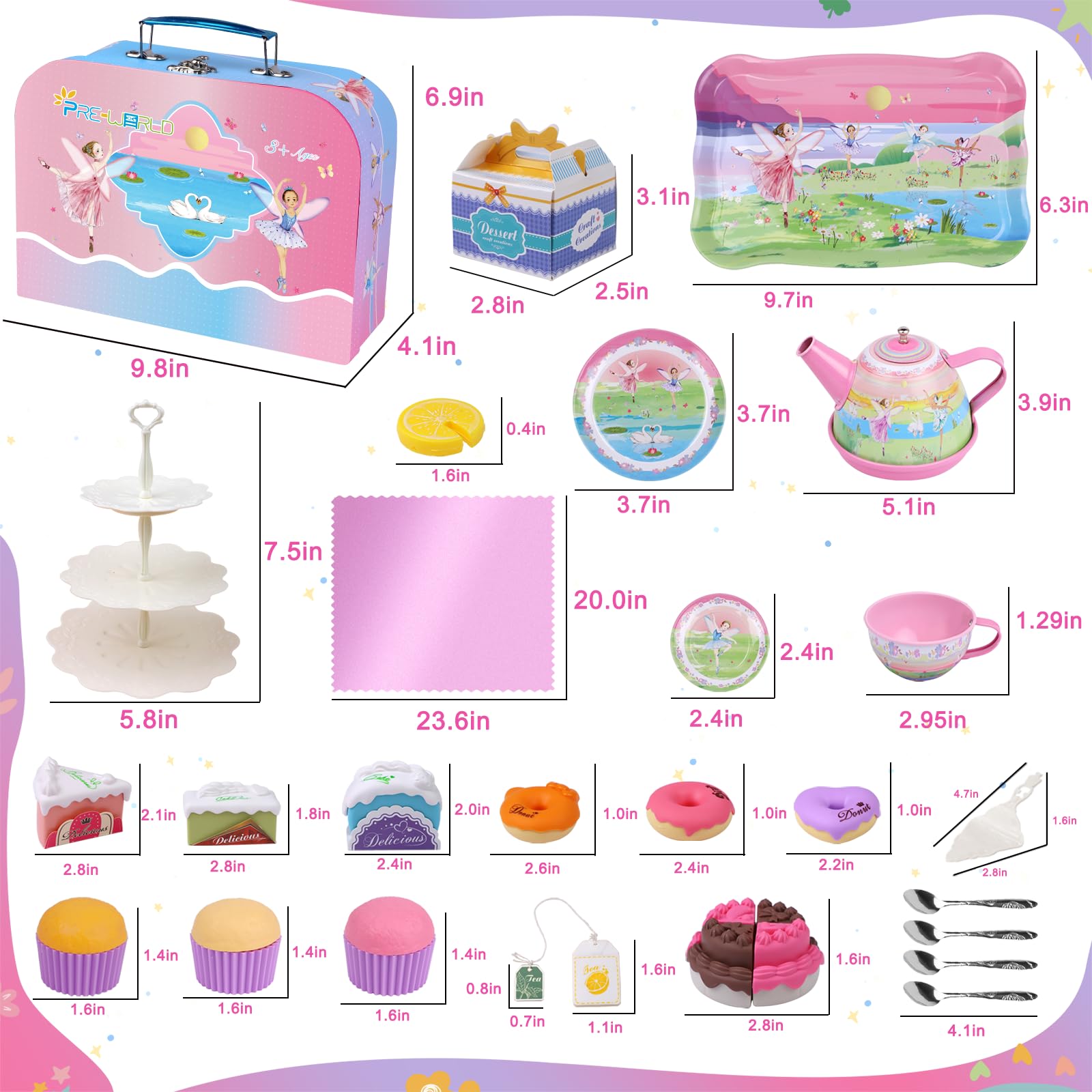 Tea Set for Little Girls,PRE-WORLD 50PCS Princess Tea Party Time Toy Including Dessert,Cookies,Doughnut,Teapot Tray Cake, Tablecloth & Carrying Case,Kids Kitchen Pretend Play for Girls Boys Age 3-6