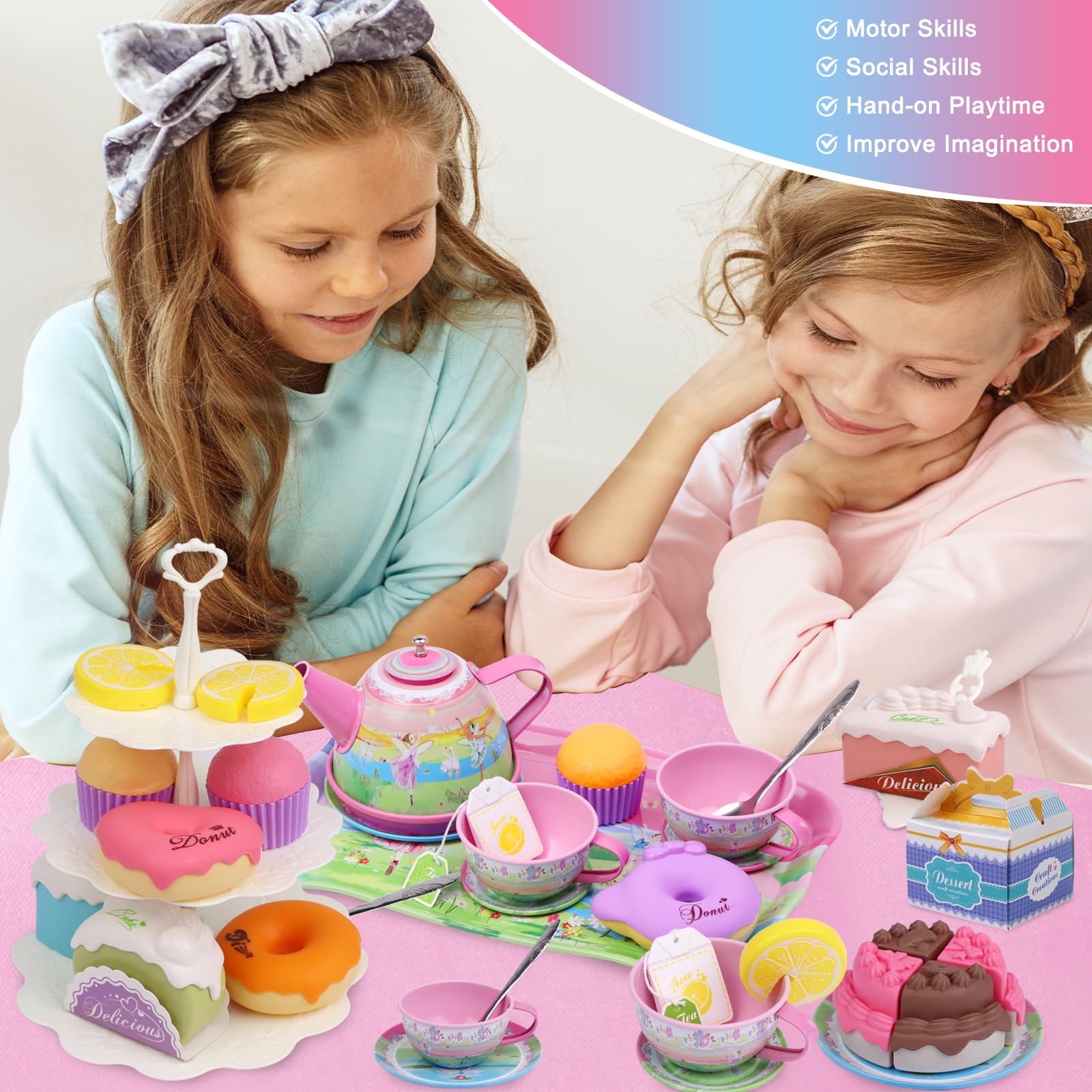 Tea Set for Little Girls,PRE-WORLD 50PCS Princess Tea Party Time Toy Including Dessert,Cookies,Doughnut,Teapot Tray Cake, Tablecloth & Carrying Case,Kids Kitchen Pretend Play for Girls Boys Age 3-6