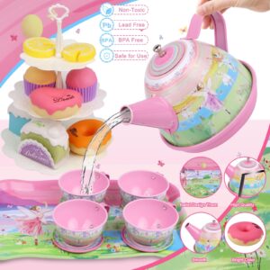 Tea Set for Little Girls,PRE-WORLD 50PCS Princess Tea Party Time Toy Including Dessert,Cookies,Doughnut,Teapot Tray Cake, Tablecloth & Carrying Case,Kids Kitchen Pretend Play for Girls Boys Age 3-6