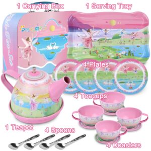 Tea Set for Little Girls,PRE-WORLD 50PCS Princess Tea Party Time Toy Including Dessert,Cookies,Doughnut,Teapot Tray Cake, Tablecloth & Carrying Case,Kids Kitchen Pretend Play for Girls Boys Age 3-6