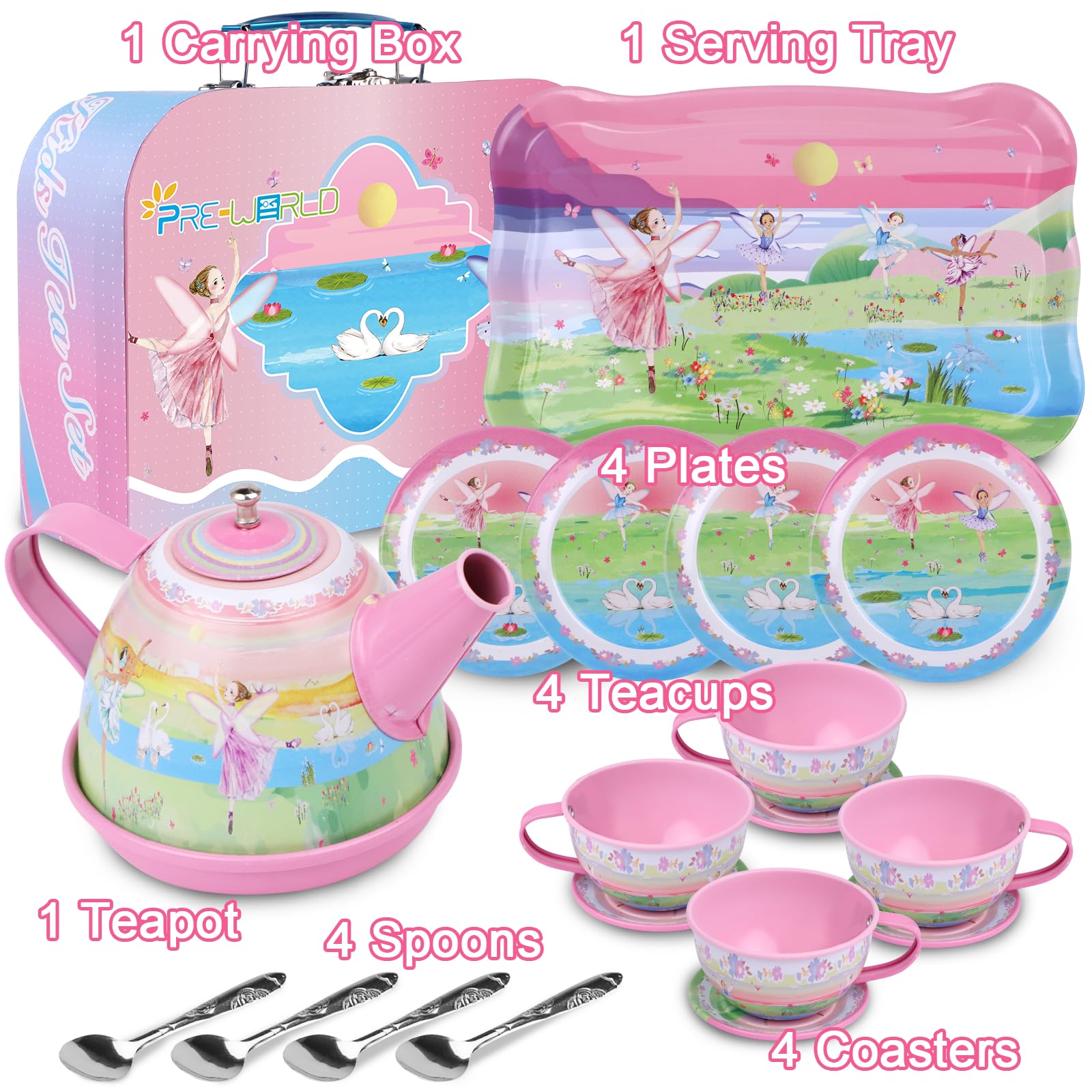 Tea Set for Little Girls,PRE-WORLD 50PCS Princess Tea Party Time Toy Including Dessert,Cookies,Doughnut,Teapot Tray Cake, Tablecloth & Carrying Case,Kids Kitchen Pretend Play for Girls Boys Age 3-6