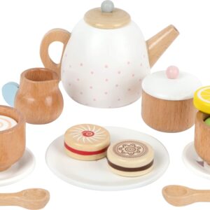 Small Foot Wooden Toys-Premium 17 Piece Toy Tea Playset- Deluxe Play Pretend Food Set includes Tea Pot, Cookies, Plates and Teacup-Ideal for Toddlers 3+