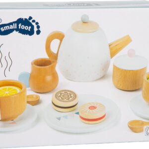 Small Foot Wooden Toys-Premium 17 Piece Toy Tea Playset- Deluxe Play Pretend Food Set includes Tea Pot, Cookies, Plates and Teacup-Ideal for Toddlers 3+