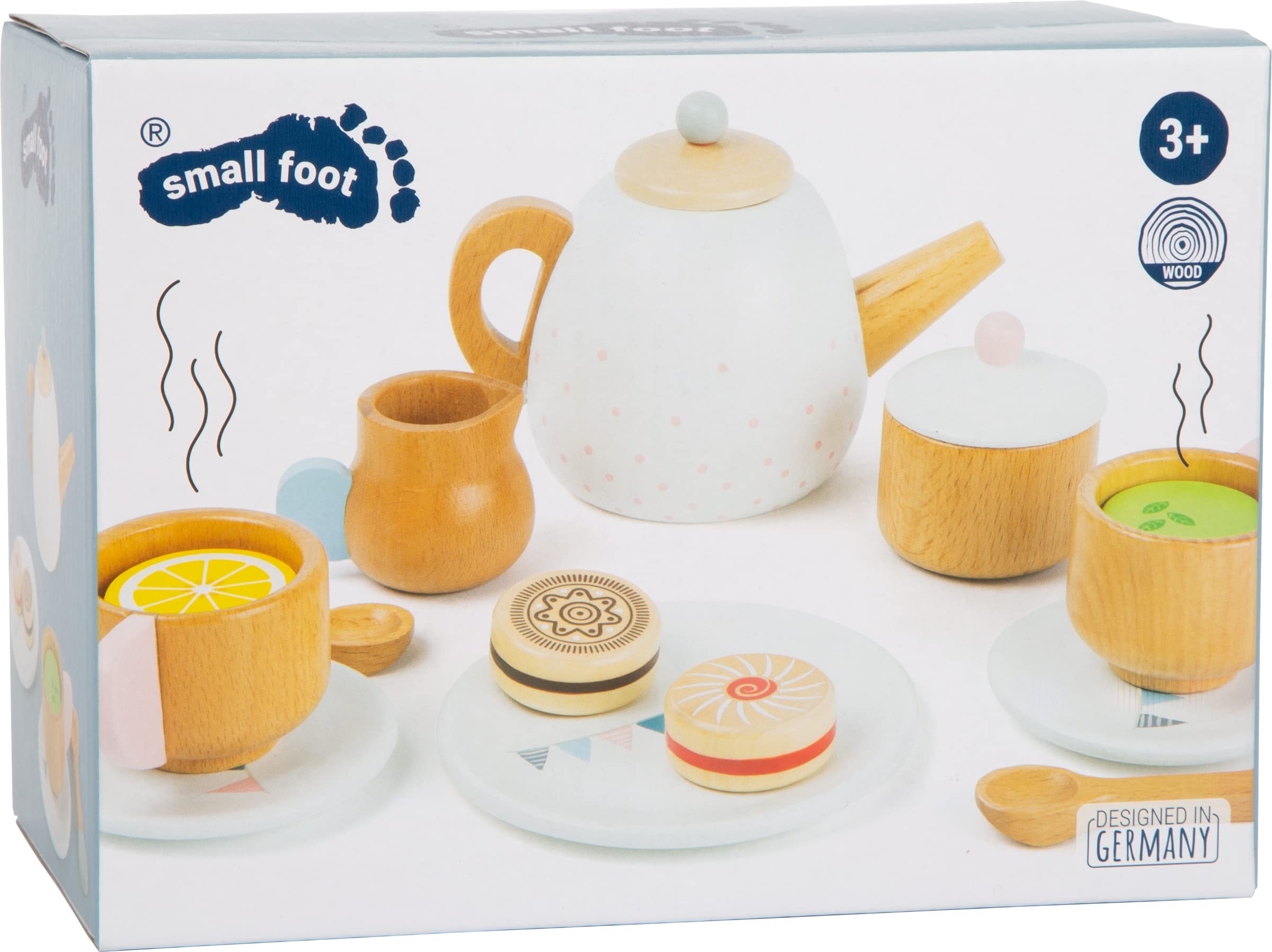 Small Foot Wooden Toys-Premium 17 Piece Toy Tea Playset- Deluxe Play Pretend Food Set includes Tea Pot, Cookies, Plates and Teacup-Ideal for Toddlers 3+