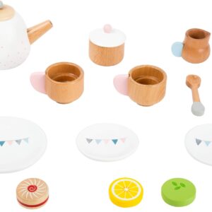 Small Foot Wooden Toys-Premium 17 Piece Toy Tea Playset- Deluxe Play Pretend Food Set includes Tea Pot, Cookies, Plates and Teacup-Ideal for Toddlers 3+