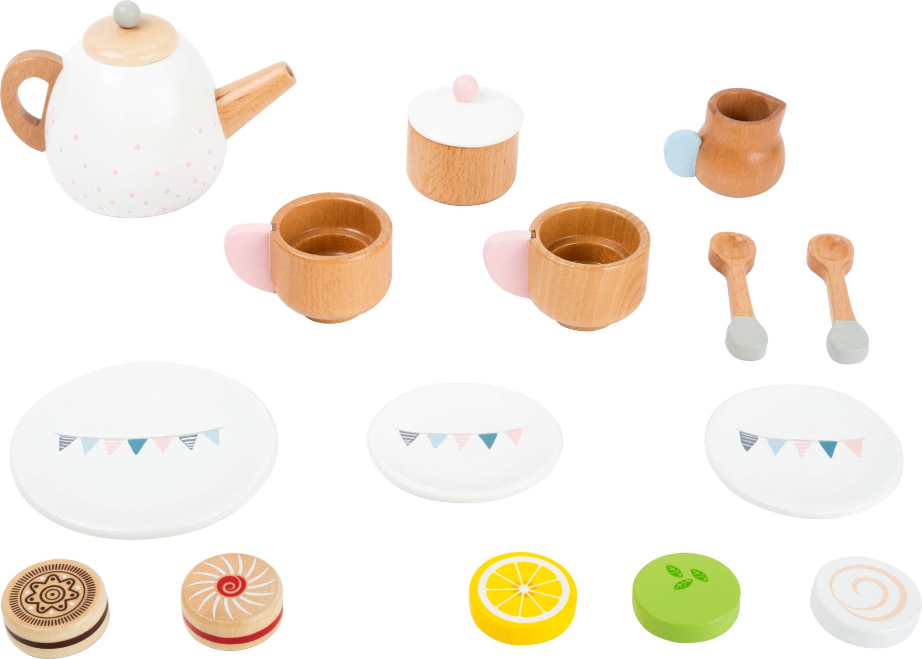 Small Foot Wooden Toys-Premium 17 Piece Toy Tea Playset- Deluxe Play Pretend Food Set includes Tea Pot, Cookies, Plates and Teacup-Ideal for Toddlers 3+