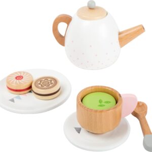 Small Foot Wooden Toys-Premium 17 Piece Toy Tea Playset- Deluxe Play Pretend Food Set includes Tea Pot, Cookies, Plates and Teacup-Ideal for Toddlers 3+