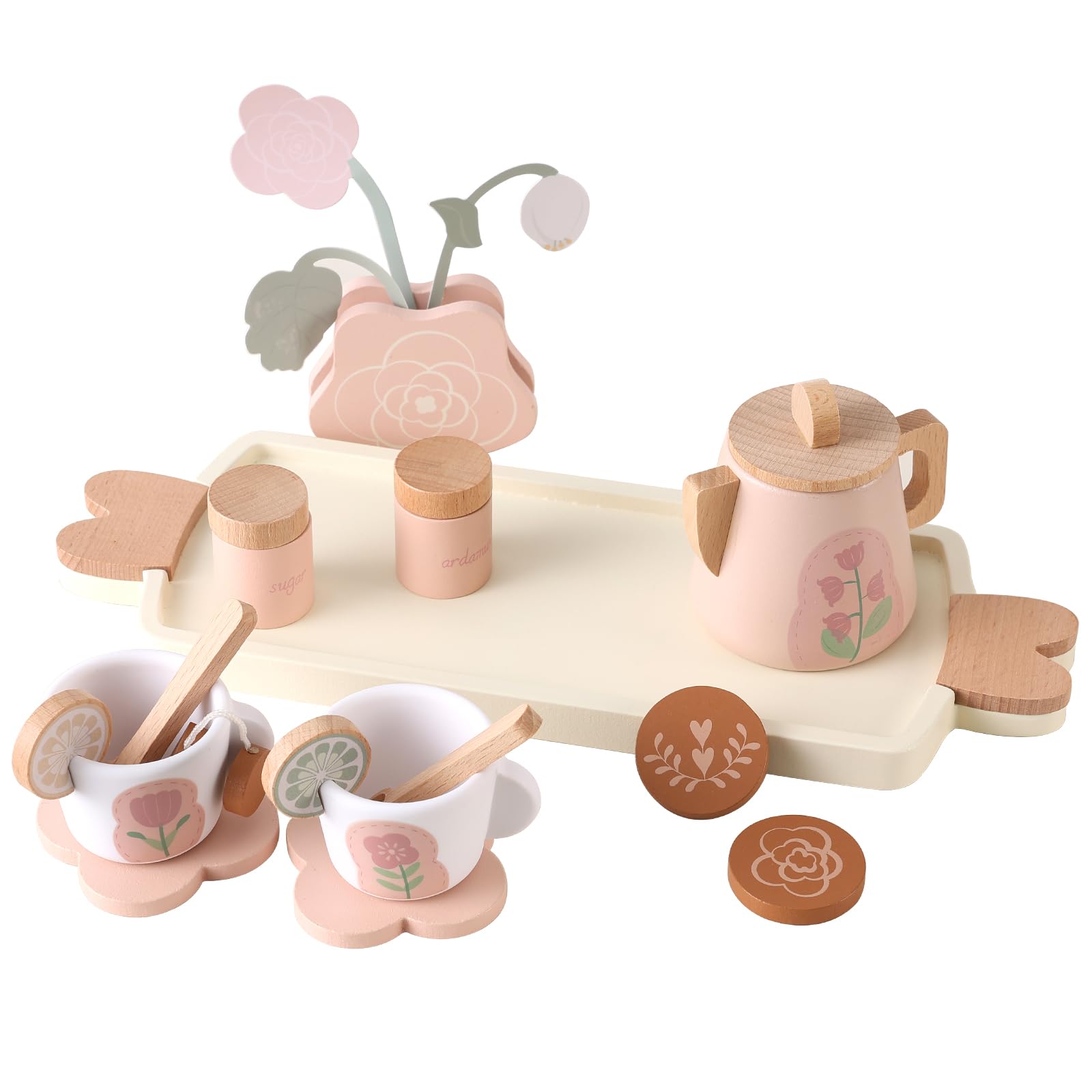 Wooden Tea Party Set for Little Girls, Toddler Tea Set Toy Pretend Play Kitchen Accessories, Wooden Play Food Set for 3 4 5 6 Years Old Boys Girls