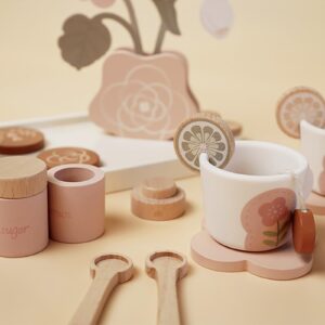 Wooden Tea Party Set for Little Girls, Toddler Tea Set Toy Pretend Play Kitchen Accessories, Wooden Play Food Set for 3 4 5 6 Years Old Boys Girls