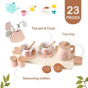 Wooden Tea Party Set for Little Girls, Toddler Tea Set Toy Pretend Play Kitchen Accessories, Wooden Play Food Set for 3 4 5 6 Years Old Boys Girls