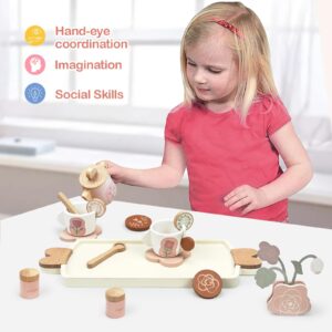 Wooden Tea Party Set for Little Girls, Toddler Tea Set Toy Pretend Play Kitchen Accessories, Wooden Play Food Set for 3 4 5 6 Years Old Boys Girls