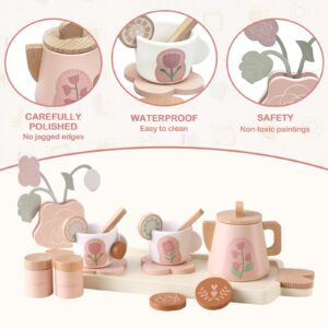 Wooden Tea Party Set for Little Girls, Toddler Tea Set Toy Pretend Play Kitchen Accessories, Wooden Play Food Set for 3 4 5 6 Years Old Boys Girls