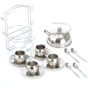 Timy Kids Tea Party Set 14pcs for Girls, BPA Free Stainless Steel Tea Set Pretend Kitchen Toys