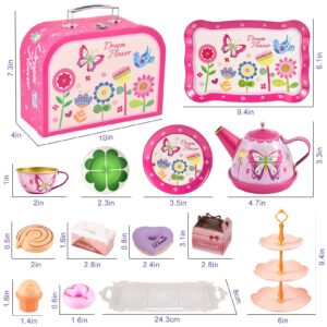 Toylink Kids Tea Party Set for Little Girls Princess Toys 47Pcs Tin Tea Set Food Dessert Playset Carring Box Kitchen Pretend Play Toy for 3 4 5 6 Years Toddler Girls Birthday Gift