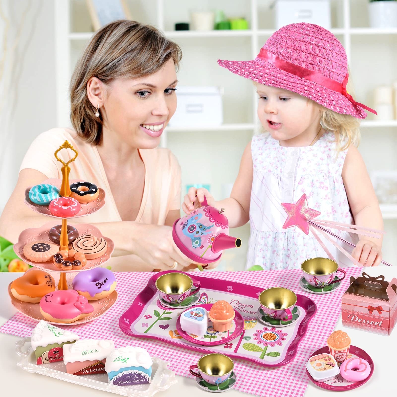 Toylink Kids Tea Party Set for Little Girls Princess Toys 47Pcs Tin Tea Set Food Dessert Playset Carring Box Kitchen Pretend Play Toy for 3 4 5 6 Years Toddler Girls Birthday Gift