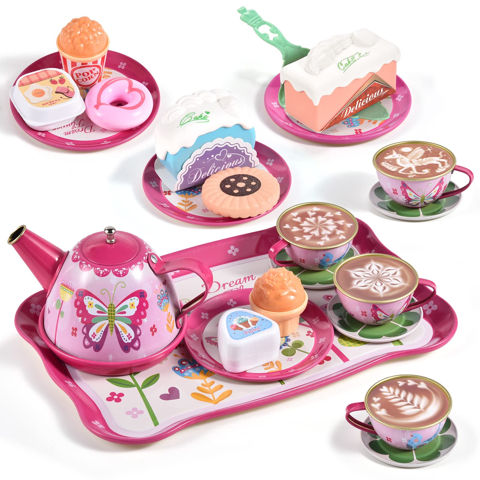 Toylink Kids Tea Party Set for Little Girls Princess Toys 47Pcs Tin Tea Set Food Dessert Playset Carring Box Kitchen Pretend Play Toy for 3 4 5 6 Years Toddler Girls Birthday Gift