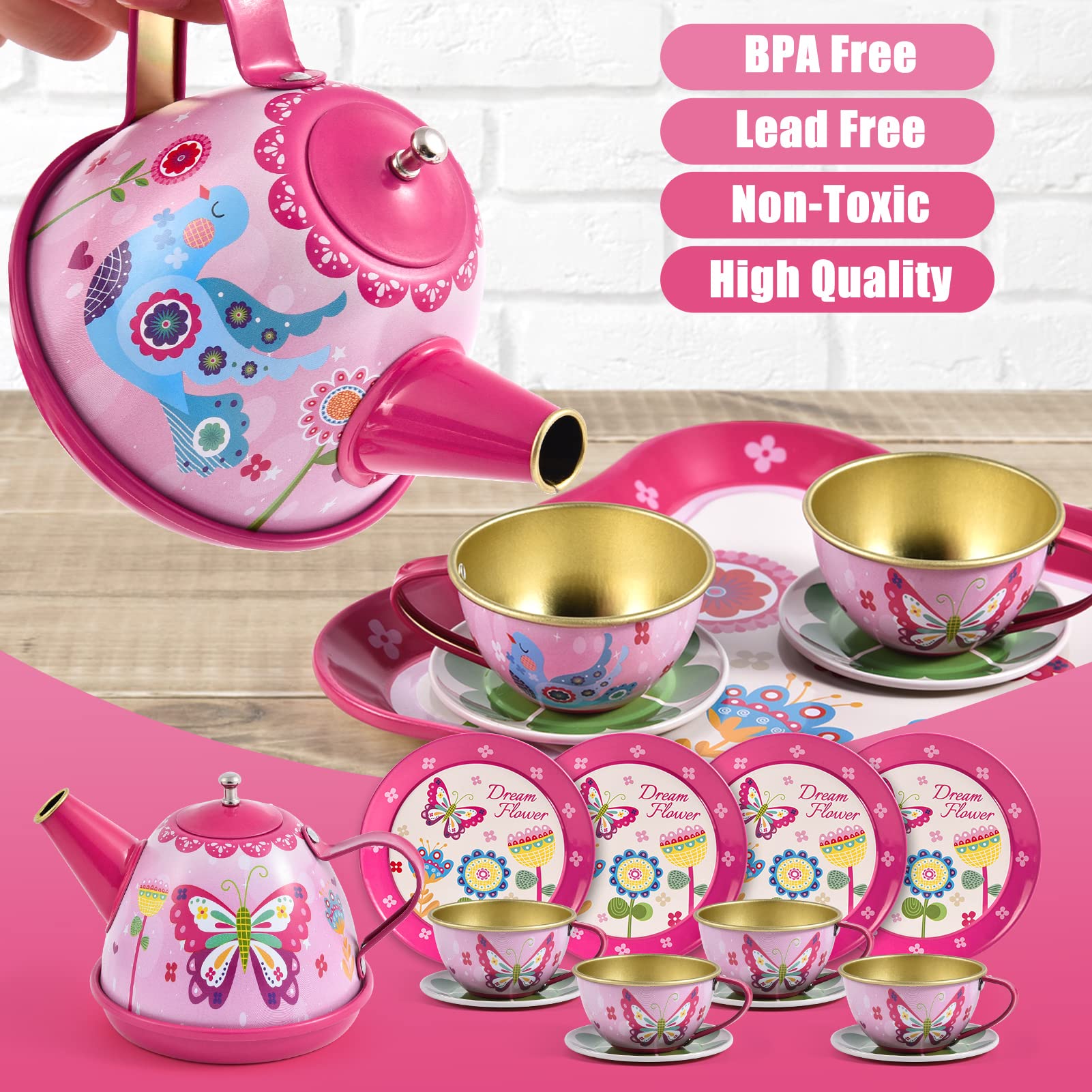 Toylink Kids Tea Party Set for Little Girls Princess Toys 47Pcs Tin Tea Set Food Dessert Playset Carring Box Kitchen Pretend Play Toy for 3 4 5 6 Years Toddler Girls Birthday Gift