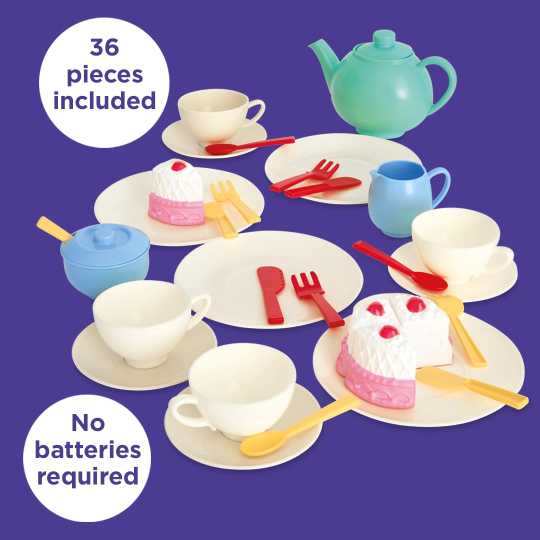 Casdon 36-Piece Tea Set - Colorful Toy Playset with Teapot, Milk Jug, Cups & Saucers, Cake, & More - Suitable for Preschool Toys - Playset for Children Aged 3+