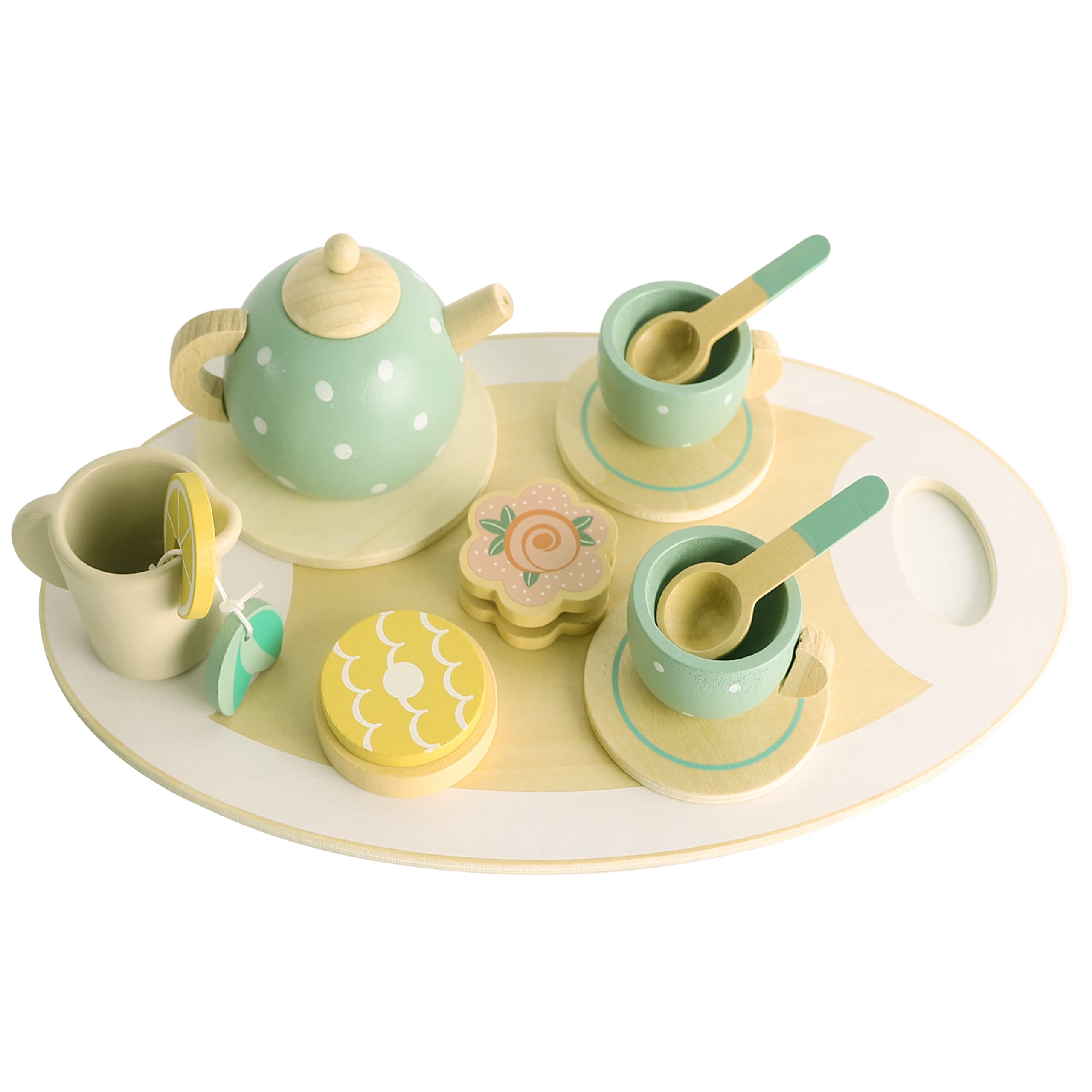 Neo LOONS Wooden Tea Set for Little Girls,15pcs Wooden Toys Play Kitchen Accessories Toddlers Tea Party Set for Preschool Children Play Food Tea Set for Kids