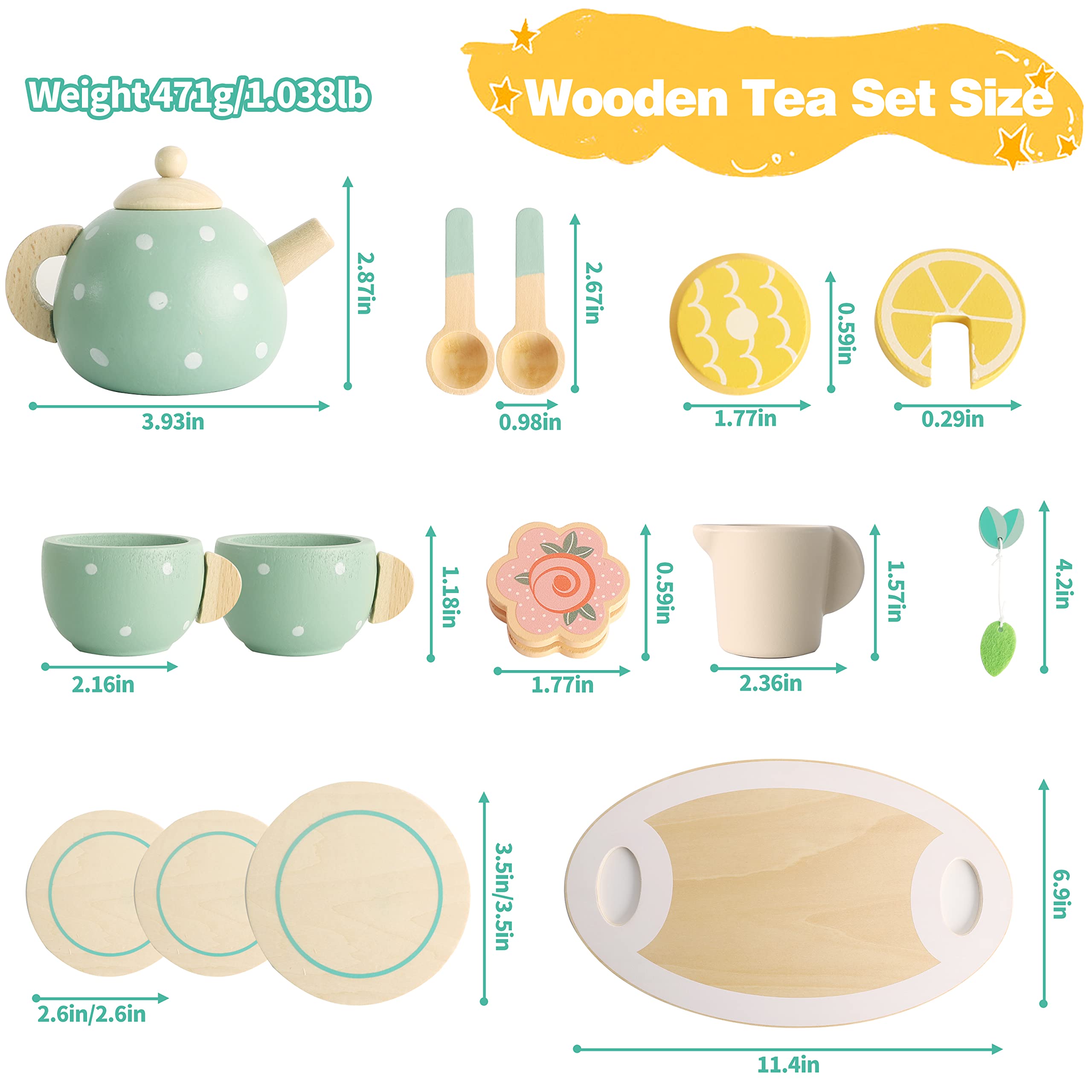 Neo LOONS Wooden Tea Set for Little Girls,15pcs Wooden Toys Play Kitchen Accessories Toddlers Tea Party Set for Preschool Children Play Food Tea Set for Kids