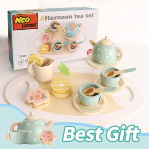 Neo LOONS Wooden Tea Set for Little Girls,15pcs Wooden Toys Play Kitchen Accessories Toddlers Tea Party Set for Preschool Children Play Food Tea Set for Kids