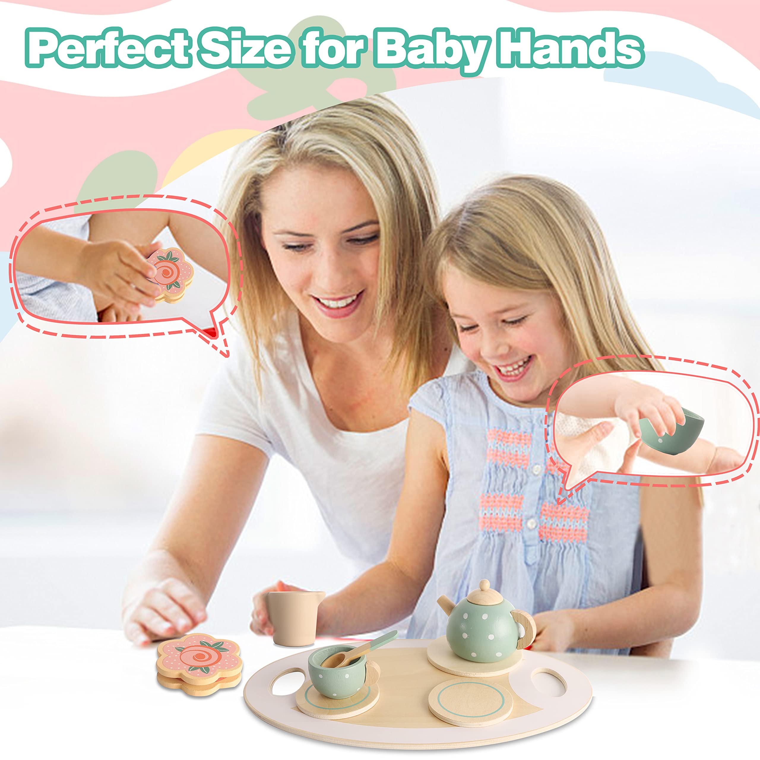 Neo LOONS Wooden Tea Set for Little Girls,15pcs Wooden Toys Play Kitchen Accessories Toddlers Tea Party Set for Preschool Children Play Food Tea Set for Kids