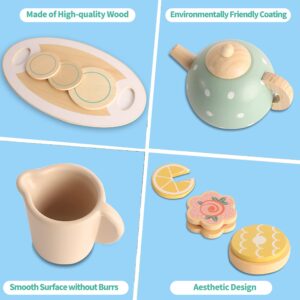 Neo LOONS Wooden Tea Set for Little Girls,15pcs Wooden Toys Play Kitchen Accessories Toddlers Tea Party Set for Preschool Children Play Food Tea Set for Kids