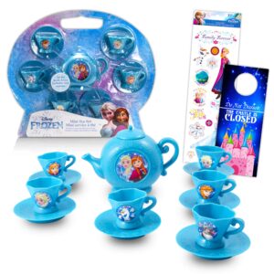 disney frozen tea party set bundle ~ 13 piece tea set with frozen tea cups, saucers, and tea kettle plus stickers (frozen teapot sets for girls)