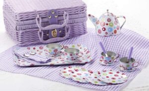 delton products tin 20pc tea set in basket, polka,purple