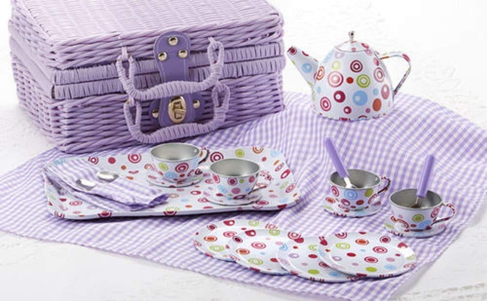 Delton Products Tin 20pc Tea Set in Basket, Polka,Purple