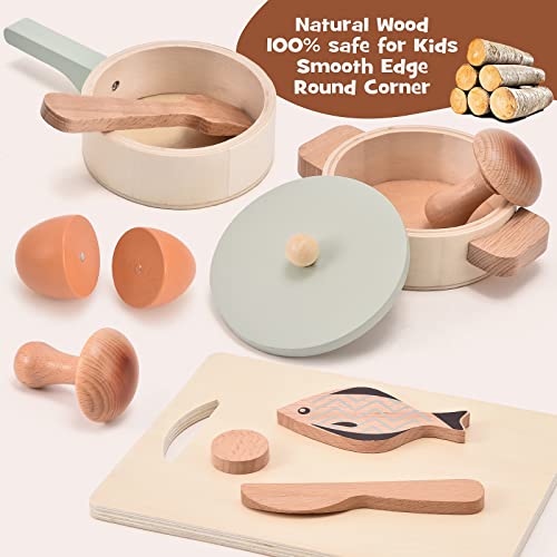 Atoylink Play Kitchen Accessories Wooden Toys Pots and Pans for Kids 23Pcs Montessori Kitchen Pretend Play Food Cooking Set for Toddler Boys Girls Age 2 3 4 5 Birthday Gifts