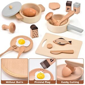 Atoylink Play Kitchen Accessories Wooden Toys Pots and Pans for Kids 23Pcs Montessori Kitchen Pretend Play Food Cooking Set for Toddler Boys Girls Age 2 3 4 5 Birthday Gifts