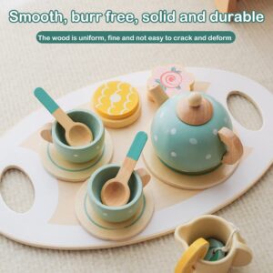 Toy Tea Set, Wooden Pretend Play Tea Party Set, Tea Time Toy Set, Role Play Toy Kitchen Accessories, Dessert Food Playset Interactive Simulation Teacup Toy for Toddlers Kids