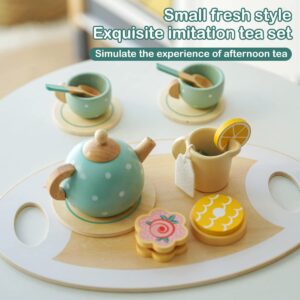 Toy Tea Set, Wooden Pretend Play Tea Party Set, Tea Time Toy Set, Role Play Toy Kitchen Accessories, Dessert Food Playset Interactive Simulation Teacup Toy for Toddlers Kids