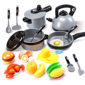 cute stone kids kitchen pretend play toys,play cooking set, cookware pots and pans playset, peeling and cutting play food toys, cooking utensils accessories, learning gift for toddlers baby girls boys