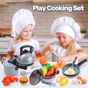 Cute Stone Kids Kitchen Pretend Play Toys,Play Cooking Set, Cookware Pots and Pans Playset, Peeling and Cutting Play Food Toys, Cooking Utensils Accessories, Learning Gift for Toddlers Baby Girls Boys