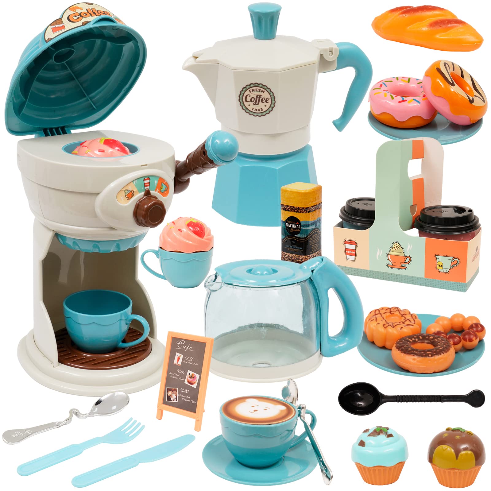 Tea Party Set for Little Girls, Coffee Maker Toy Pretend Role Play Ice Cream Maker Play Food Dessert Donuts Cup Cake Bread Kitchenware Play Kitchen Set for Kids (Tea Party Set)