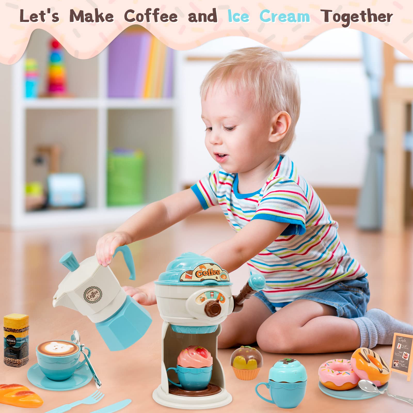 Tea Party Set for Little Girls, Coffee Maker Toy Pretend Role Play Ice Cream Maker Play Food Dessert Donuts Cup Cake Bread Kitchenware Play Kitchen Set for Kids (Tea Party Set)