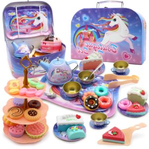 dollox kids tea party playsets for little girls, pretend tin teapot set princess tea time toys playset with teapot, cups, plates and carrying case birthday gifts ideas for age 3 4 5 6 years old girls