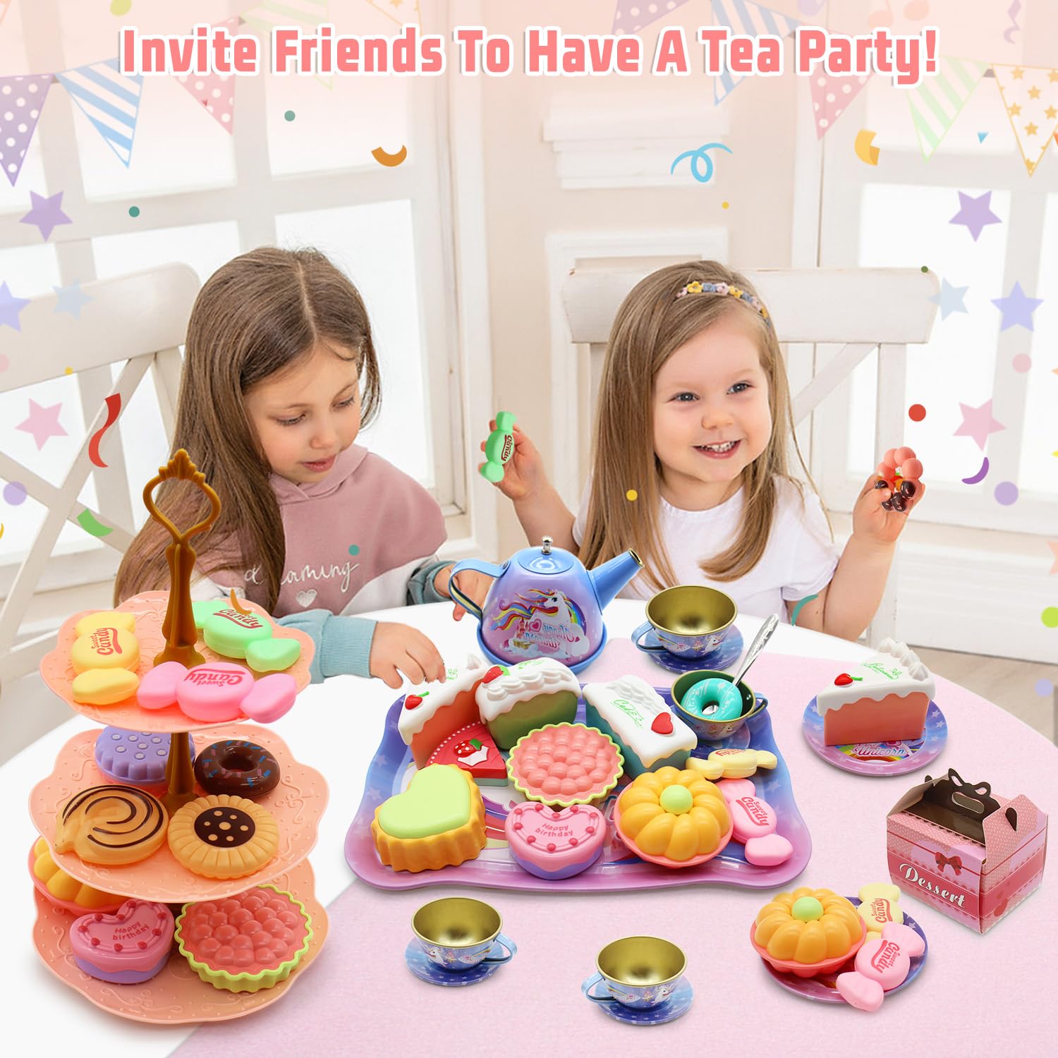 Dollox Kids Tea Party Playsets for Little Girls, Pretend Tin Teapot Set Princess Tea Time Toys Playset with Teapot, Cups, Plates and Carrying Case Birthday Gifts Ideas for Age 3 4 5 6 Years Old Girls