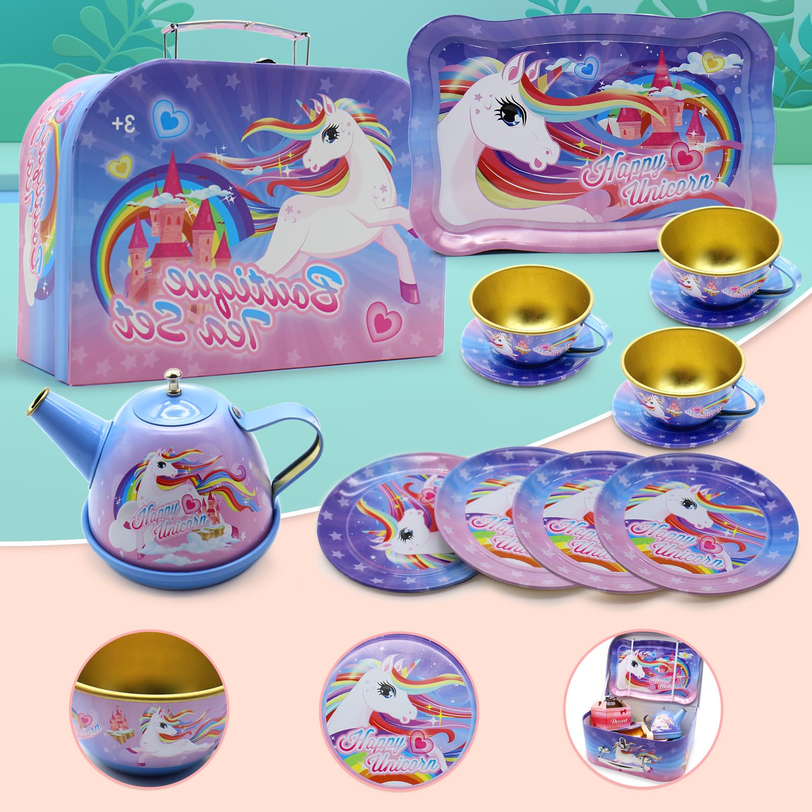 Dollox Kids Tea Party Playsets for Little Girls, Pretend Tin Teapot Set Princess Tea Time Toys Playset with Teapot, Cups, Plates and Carrying Case Birthday Gifts Ideas for Age 3 4 5 6 Years Old Girls