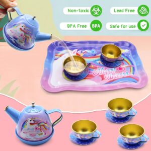 Dollox Kids Tea Party Playsets for Little Girls, Pretend Tin Teapot Set Princess Tea Time Toys Playset with Teapot, Cups, Plates and Carrying Case Birthday Gifts Ideas for Age 3 4 5 6 Years Old Girls