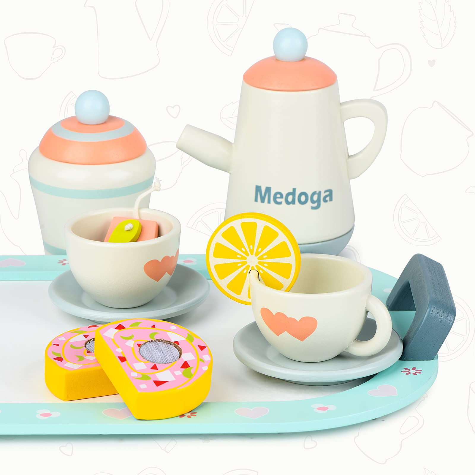 Wooden Tea Set toy Play Kitchen Accessories for Kids Pretend Play Food for Toddlers Tea Party Set for 3, 4, 5 Year Old Girls and Boys (Tea Set)