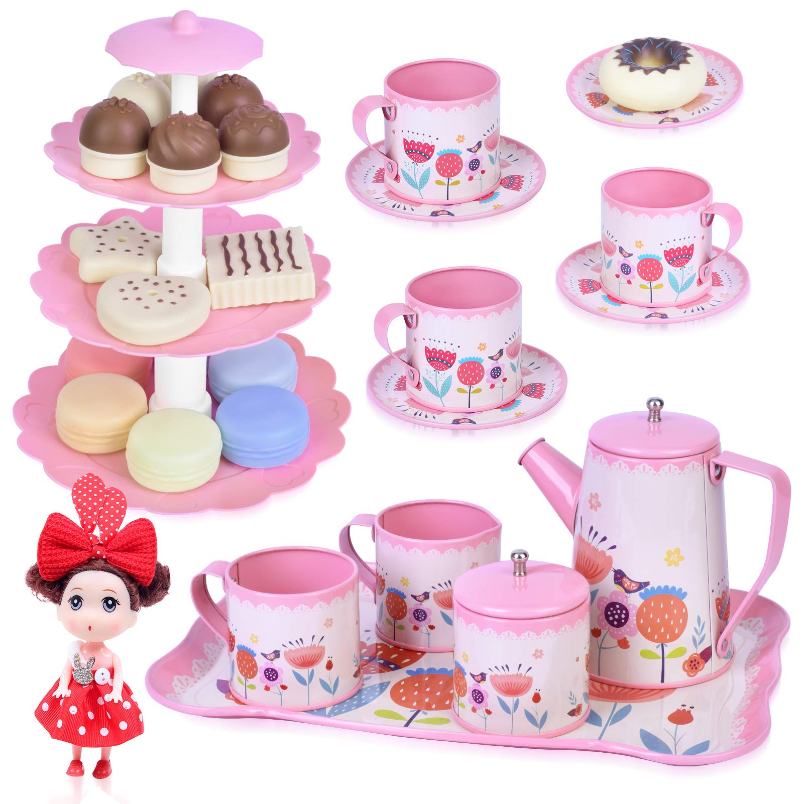 Tea Party Set for Little Girls - Tea Set Kids 38 Pcs Princess Tea Toy Set Including Teapot Tray Dessert Tower Cookie Cake Cute Dolls Kitchen Pretend Play Toy Gifts for Girls Age 3 4 5 6 7 8